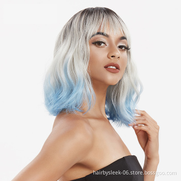 Rebecca fashion style 12 inches Short Straight Grey and Blue Wig Synthetic Heat Resistant Hair Synthetic Wigs For Black Woman